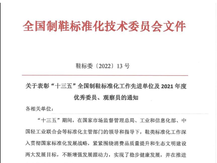 本公司榮獲“十三五”全國制鞋標準化工作先進單位